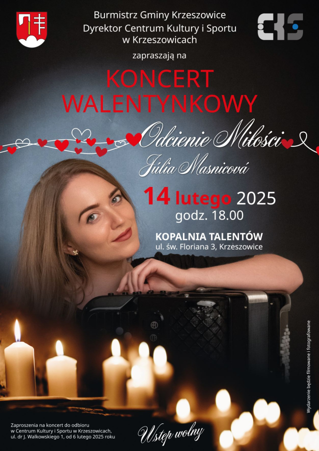 Plakat wydarzenia - zdjęcie artystki, pod nią palące się świece