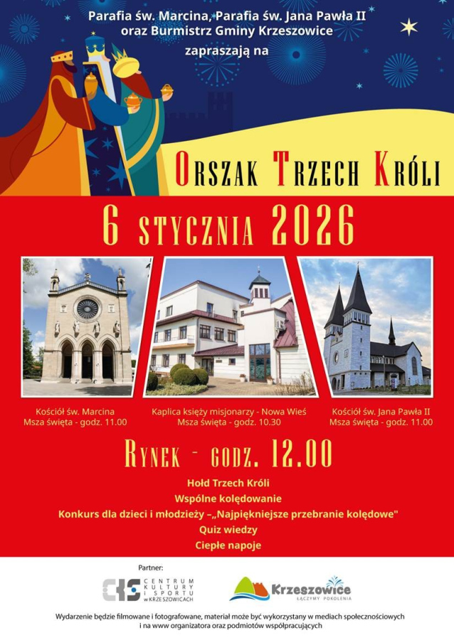 Plakat wydarzenia - zdjęcia trzech krzeszowickich kościołów i kaplic. Powyżej rysunek przedstawiający trzech króli