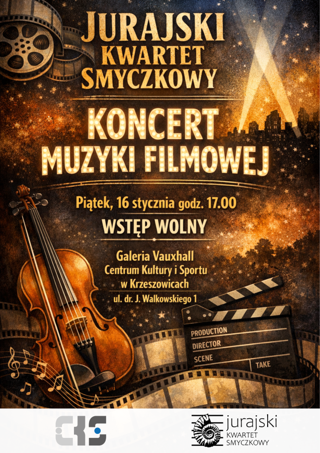 Plakat wydarzenia. Instrumenty, kartki z nutami oraz klisze filmowe w świetle reflektorów. Zdjęcie wygenerowane przez sztuczną inteligencję. 