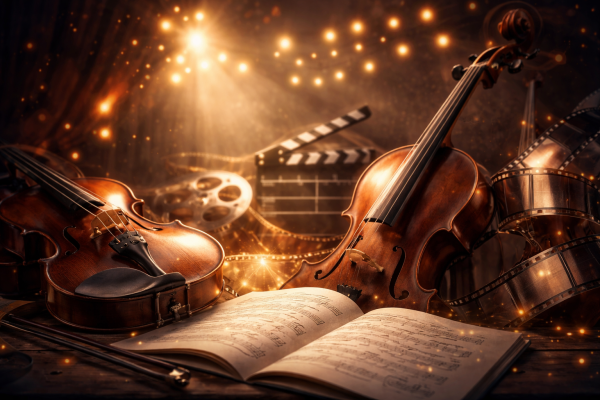 Instrumenty, kartki z nutami oraz klisze filmowe w świetle reflektorów. Zdjęcie wygenerowane przez sztuczną inteligencję. 