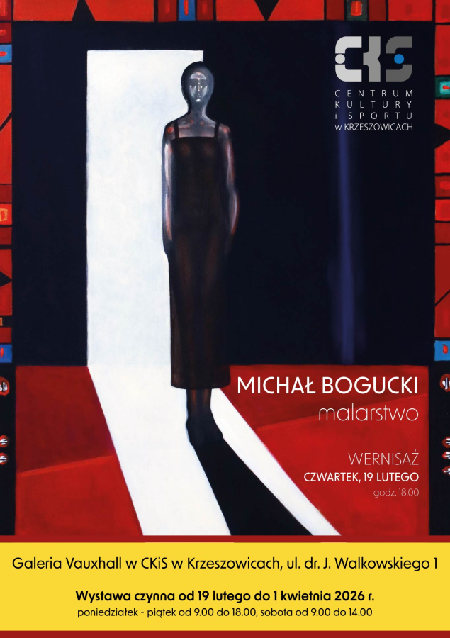 Plakat wydarzenia - obraz artysty - kobieta stojąca w drzwiach. 